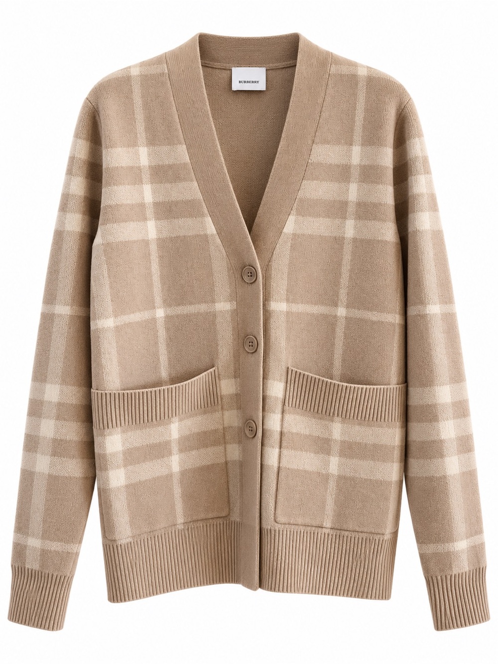 Burberry Camel Plaid V-Neck Button Cardigan